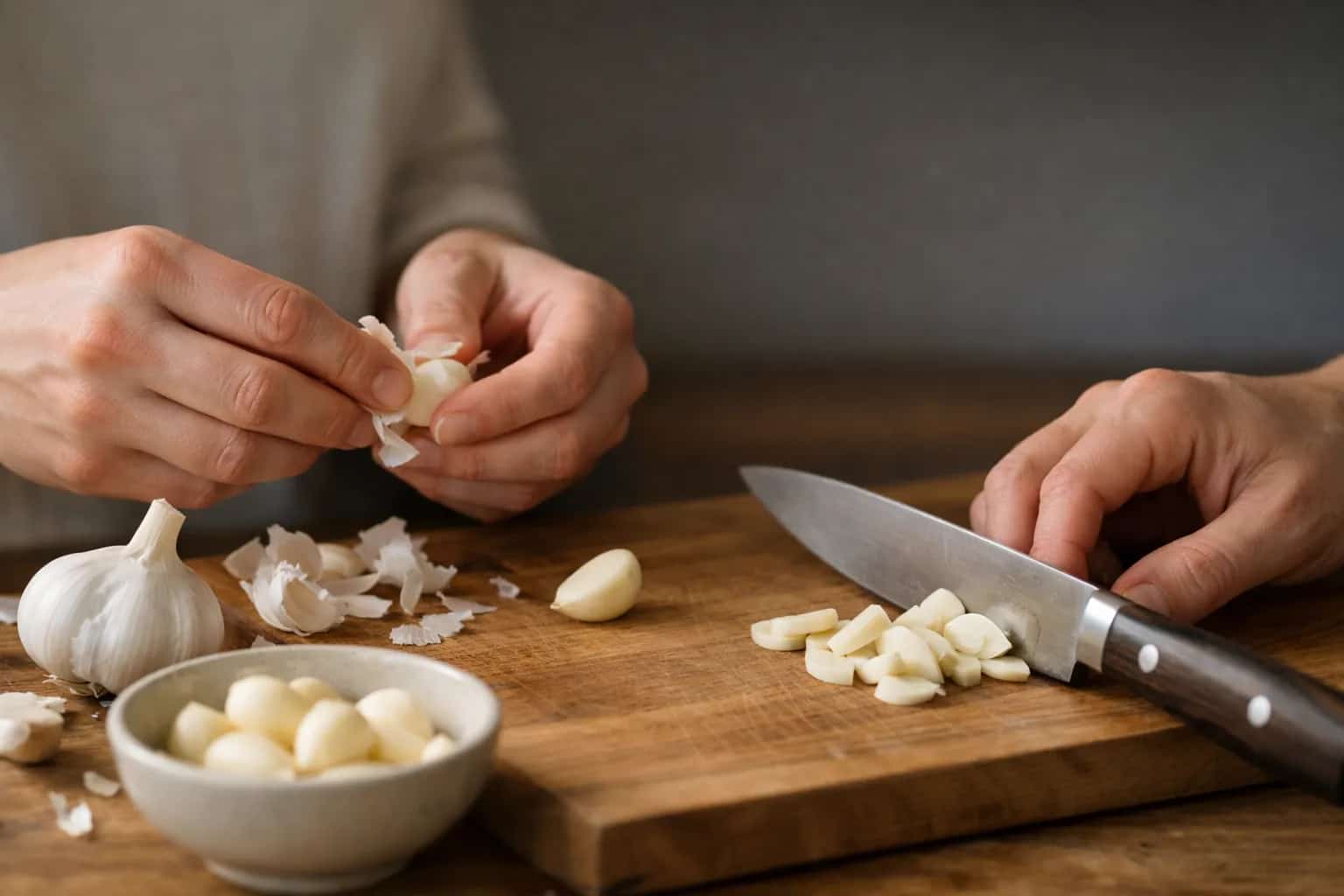 Knoblauch-Küchensetup mit Zutaten