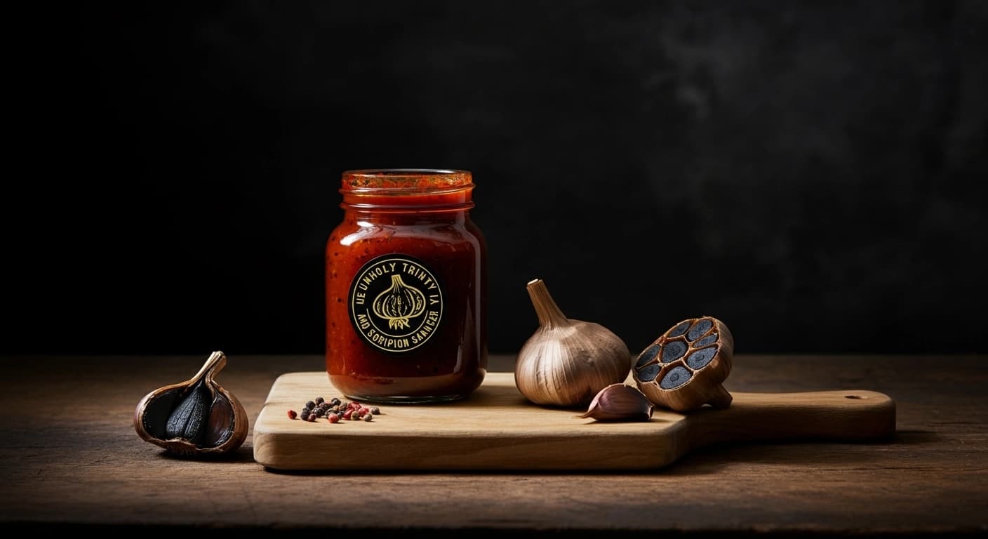 Die Unheilige Dreifaltigkeit ein Rezept für Schwarzer Knoblauch Geisterpfeffer und Skorpiongift Hot Sauce