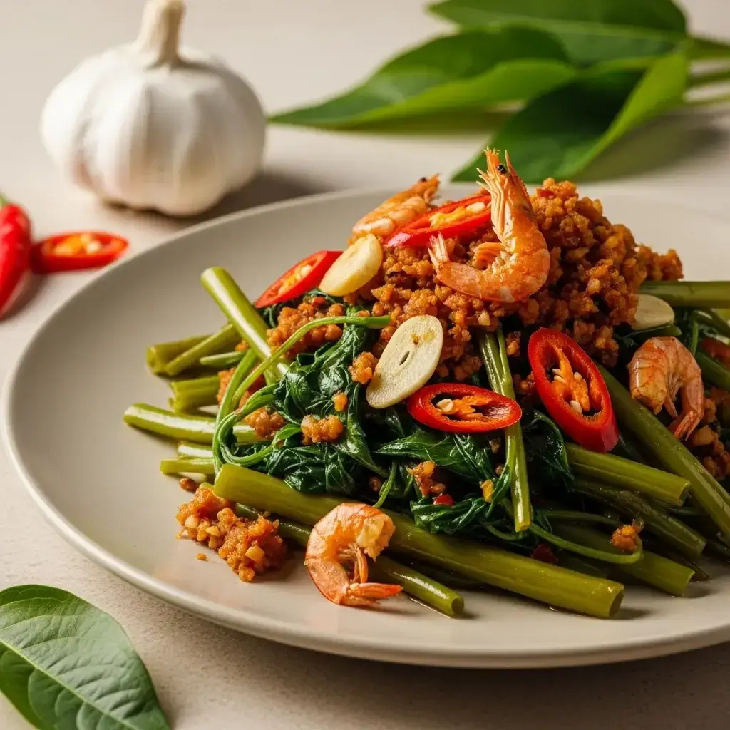 Ein Vorgeschmack auf die Tropen: Malaysischer Knoblauch & Garnelenpaste Wasserspinat (Kangkung Goreng Belacan)