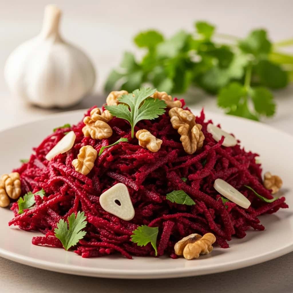 Uma joia de rubi do Cáucaso: beterraba e beterraba georgianas Salada de Alho (Charkhlis Salati)