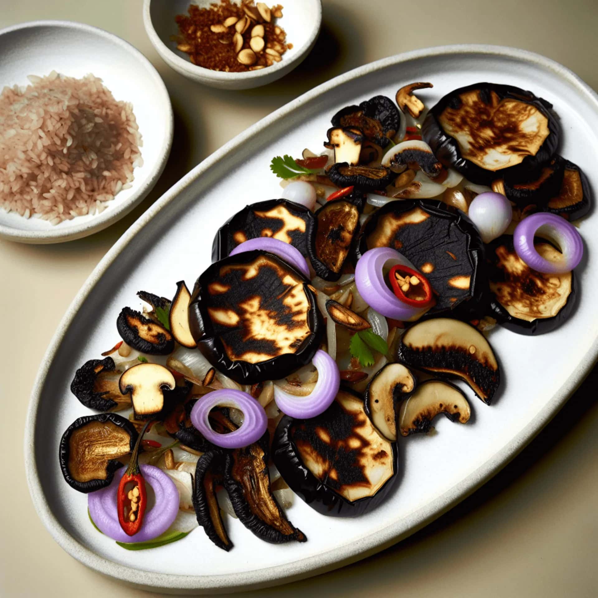 Alho carbonizado e berinjela grelhada com galanga com larb de tamarindo picante