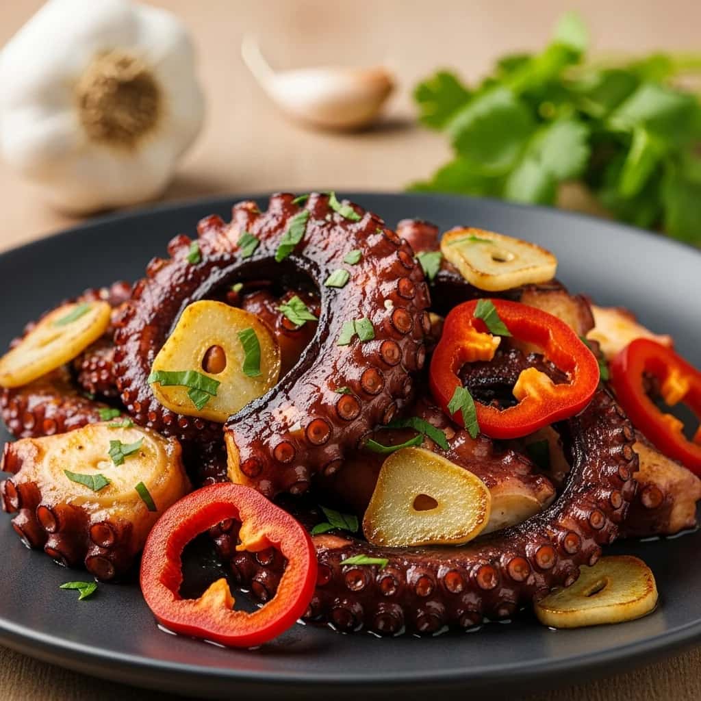 Polvo tenro, pimenta picante e muito alho.