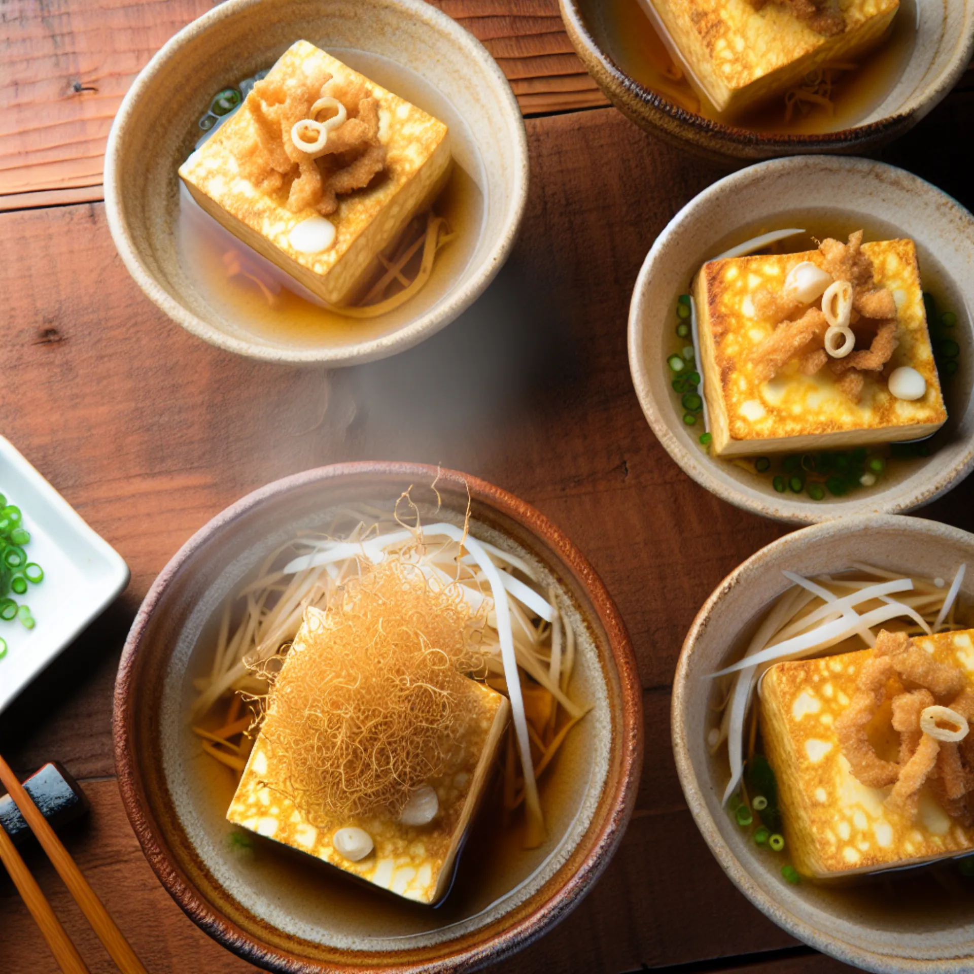 Tofu sedoso Agedashi con nieve de ajo crujiente