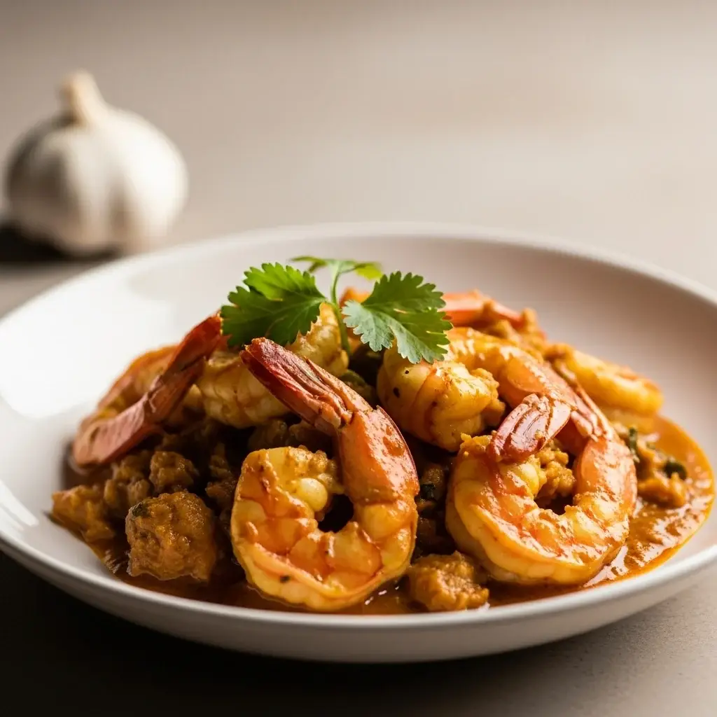De las costas bañadas por el sol de Goa: ajo y ajo aromáticos Curry De Gambas Y Coco