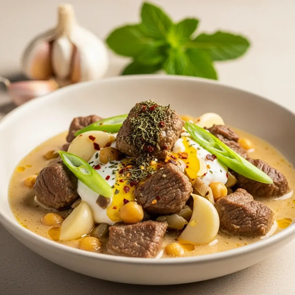 De los campos primaverales de Gaziantep: un abundante cordero y un plato de carne. Guiso de ajo fresco (Şiveydiz)