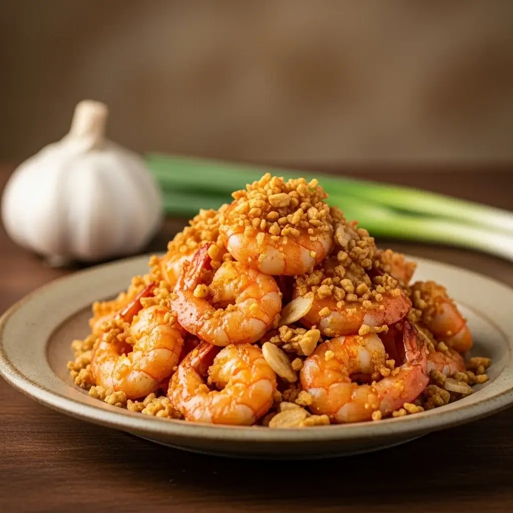 Das ruas do Vietnã: crocante, salgado e saboroso. Camarão Doce com Alho (Tôm Rang Tỏi)