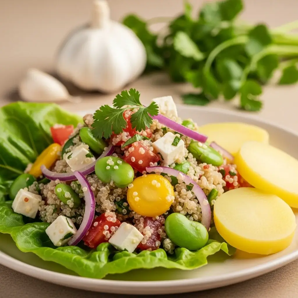 Dos Altos Andes: uma saborosa quinoa peruana e uma deliciosa iguaria. Salada de Alho (Solterito de Quinua)