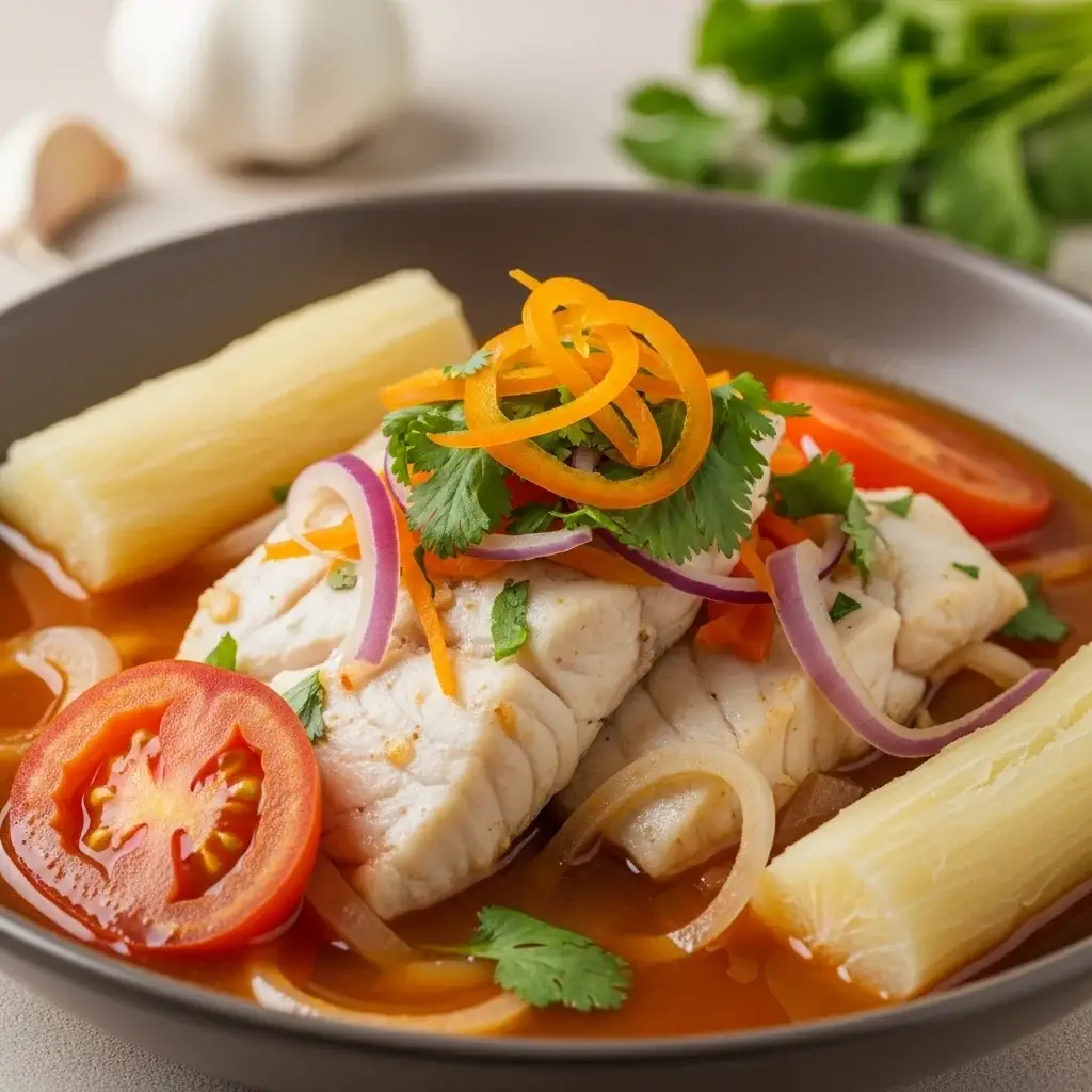 Da costa peruana: um farto peixe e peixe cozido no vapor Ensopado de Alho (Sudado de Pescado)