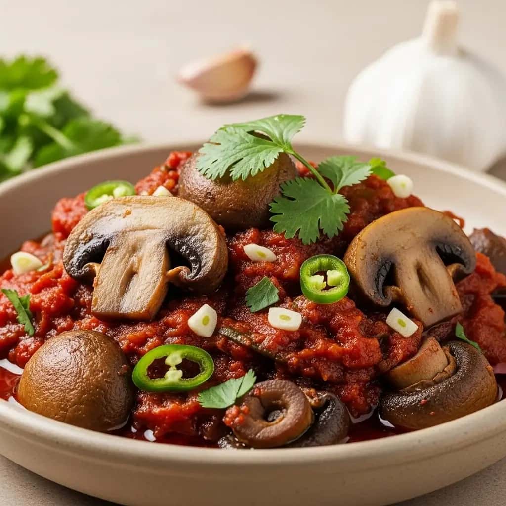 Un délice géorgien rustique : champignons épicés et sauce épicée. Ragoût d'ail (Sokos Chashushuli)