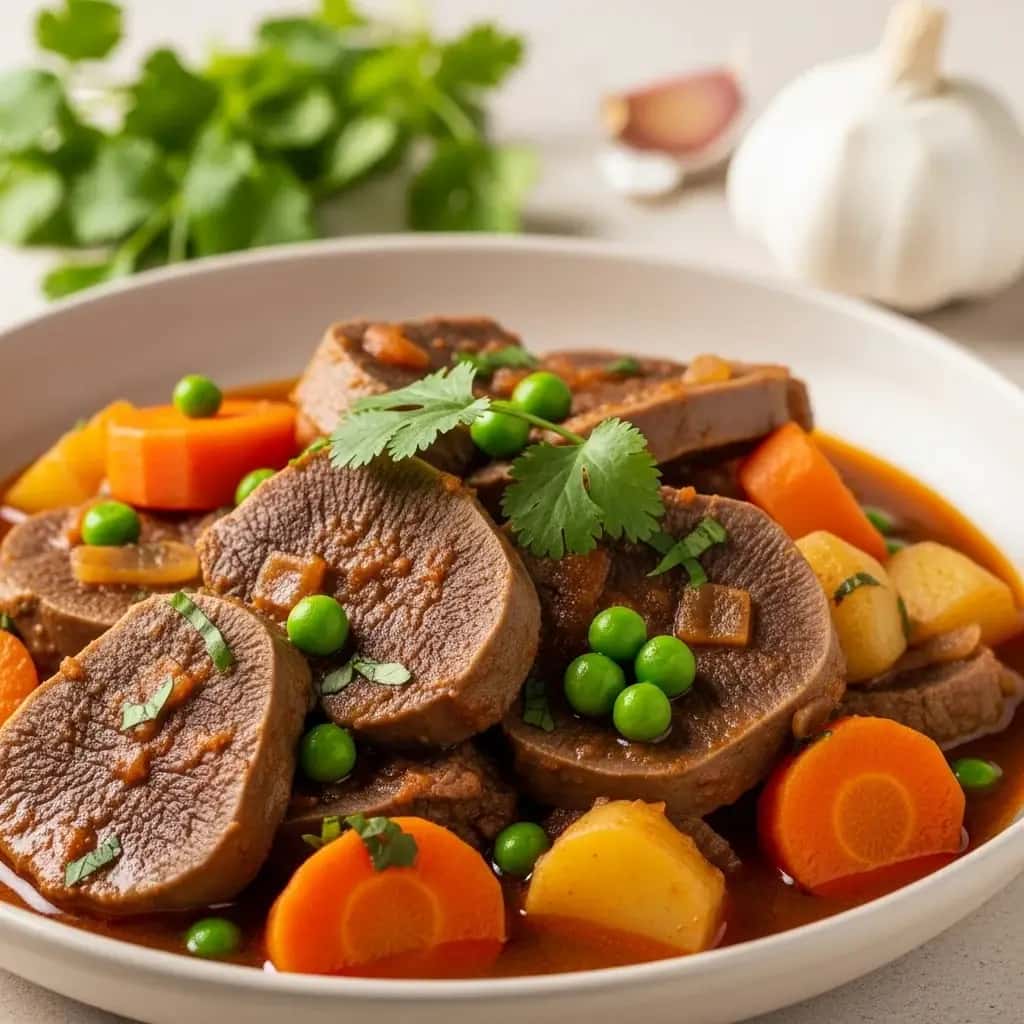 Un classique péruvien : riche et savoureux. Ragoût de langue de bœuf à l'ail (Estofado de Lengua)