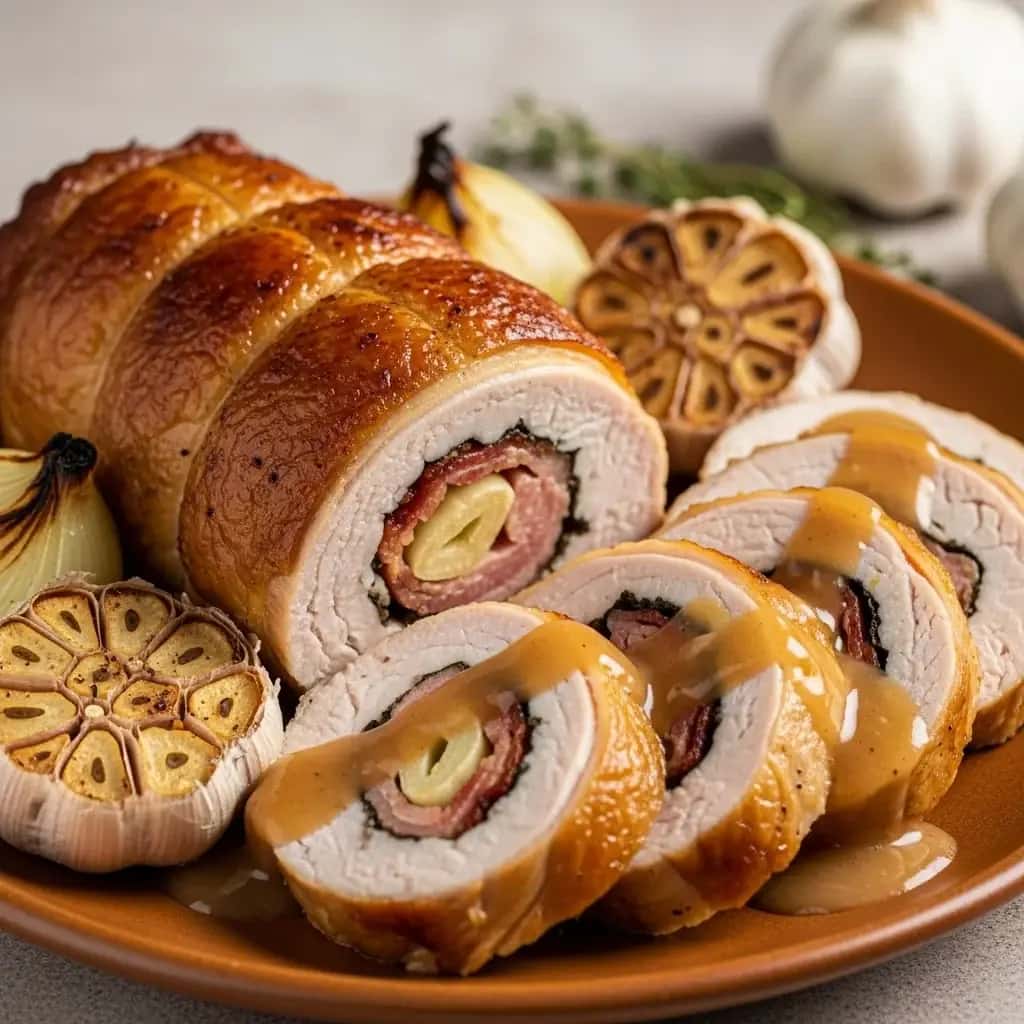 Ein herzhafter Braten vom slowakischen Tisch: Mit Knoblauch übersäte Putenschenkel (Morčacie stehno na cesnaku)