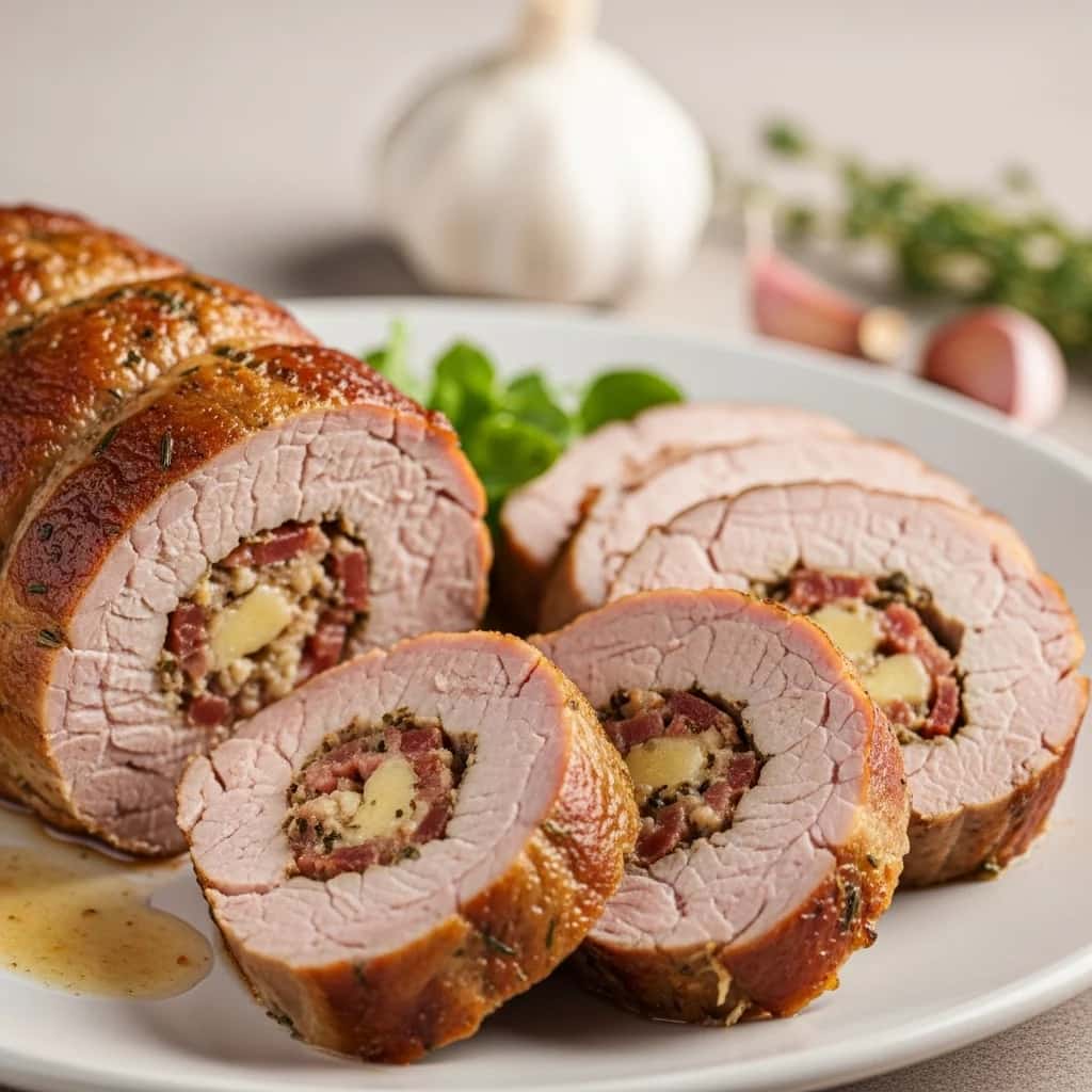 Uma peça central eslovaca: Tender Garlic & Lombo de porco recheado com bacon (Plnená Bravčová Panenka)