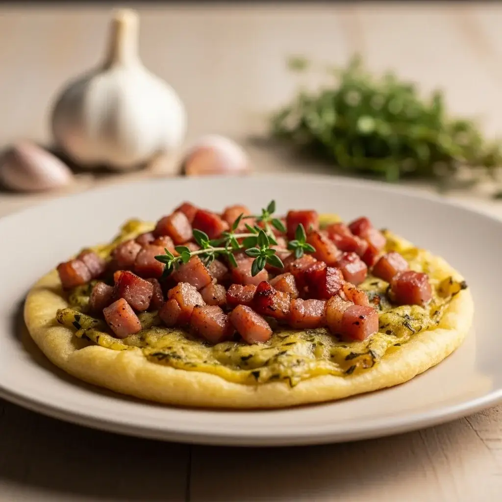 Un clásico del hogar eslovaco: pan plano con tocino y ajo (Podplamenník)