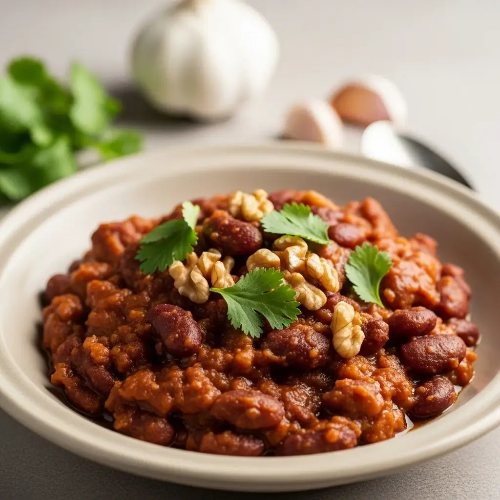 Un cordial abrazo desde el Cáucaso: Georgian Walnut & Guiso de frijoles y ajo (Lobio Nigvzit)