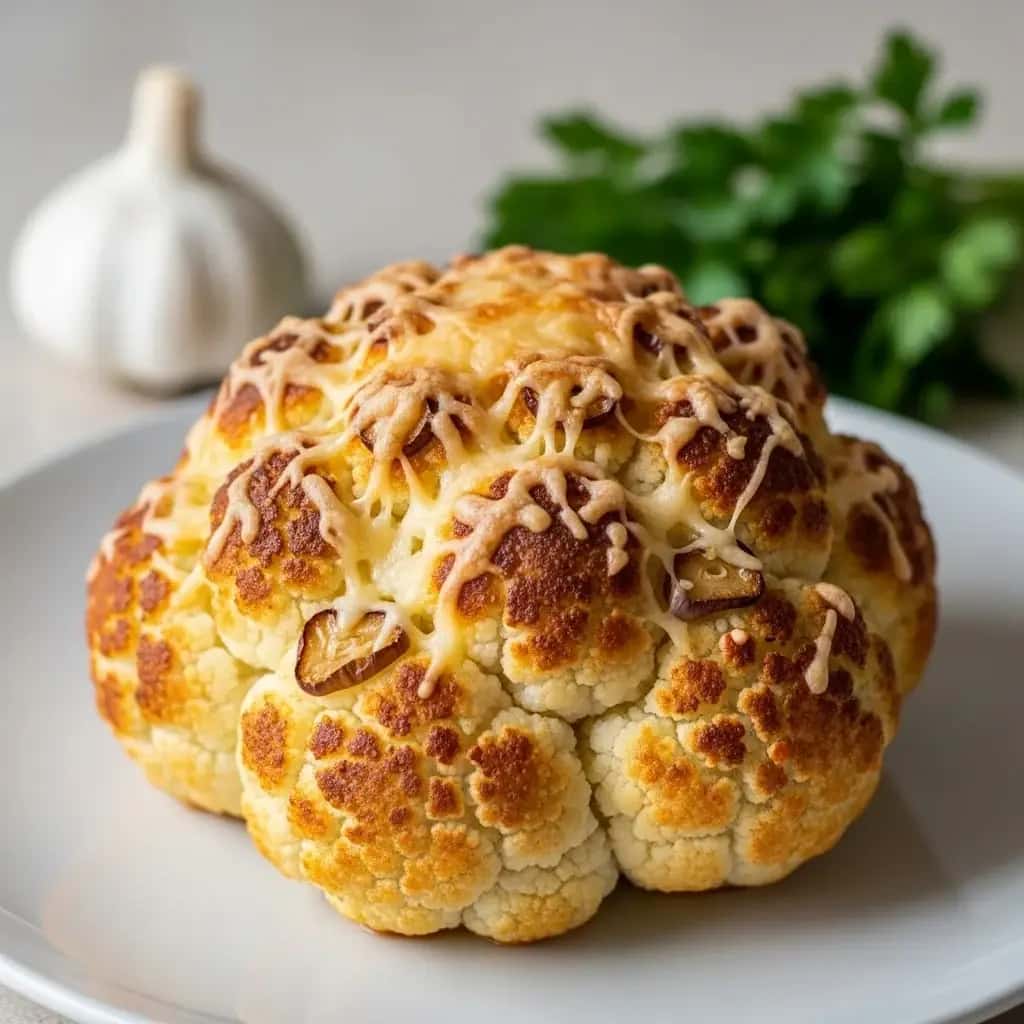 Uma delícia vegetariana eslovaca: couve-flor assada simples com alho e cebola. Queijo