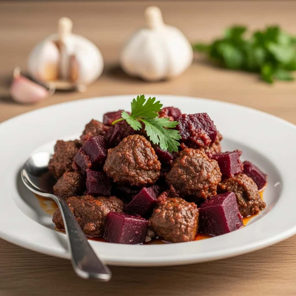 Um clássico do Cáucaso Carmesim: carne bovina georgiana farta e carne bovina. Ensopado de Beterraba (Chakondrili)