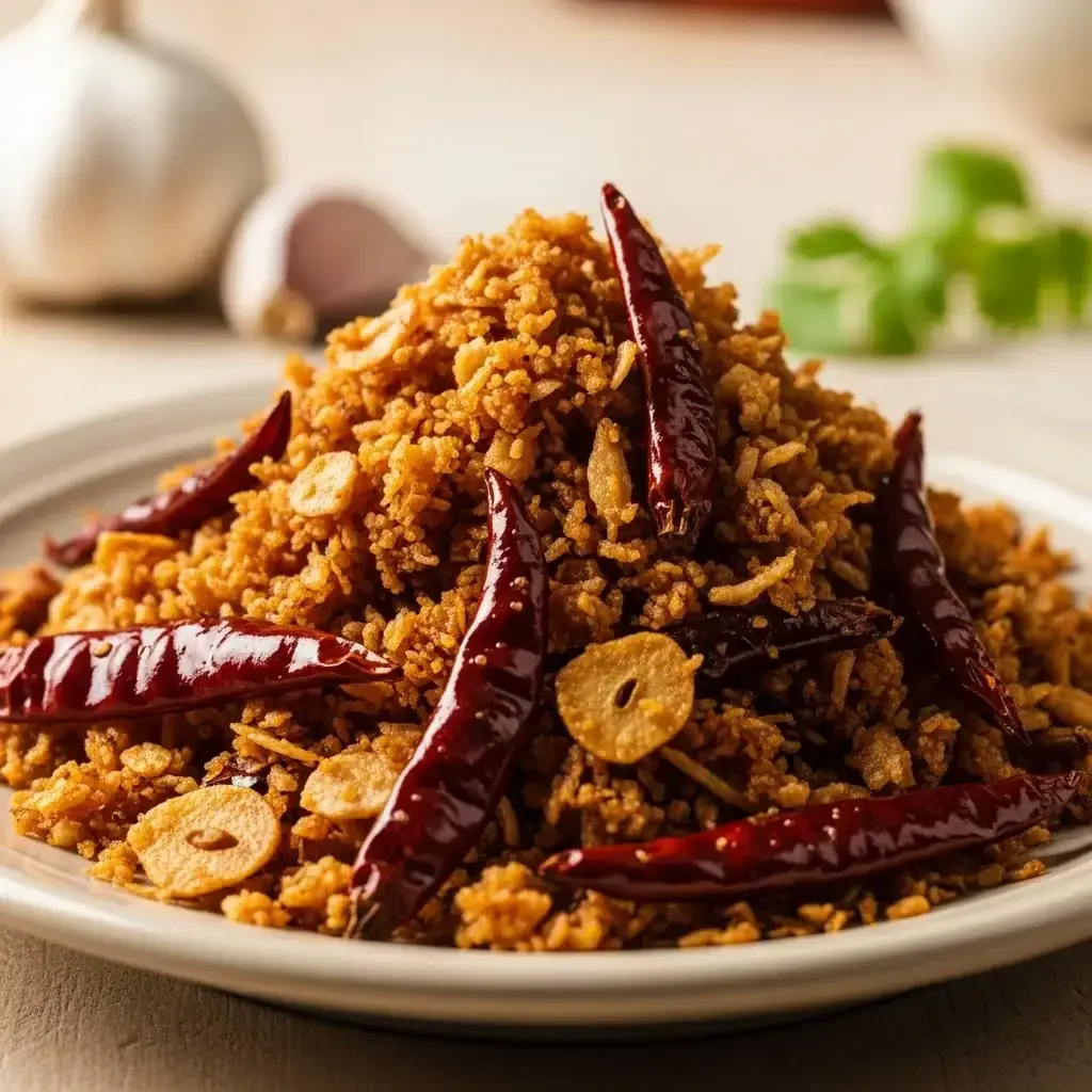 El alimento básico de la despensa de Tailandia: un plato picante de ajo y salsa fritos. Condimento de chile (Nam Phrik Kratiem)