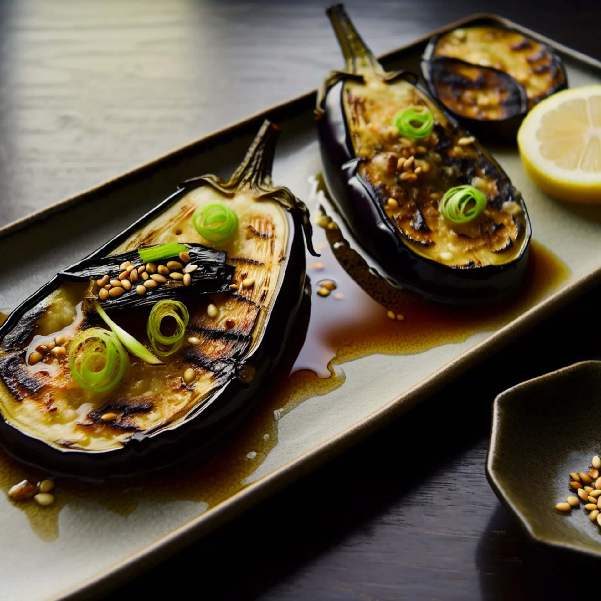 Filete de berenjena ahumado con miso y ajo (Nasu no Ninniku Butter Yaki)