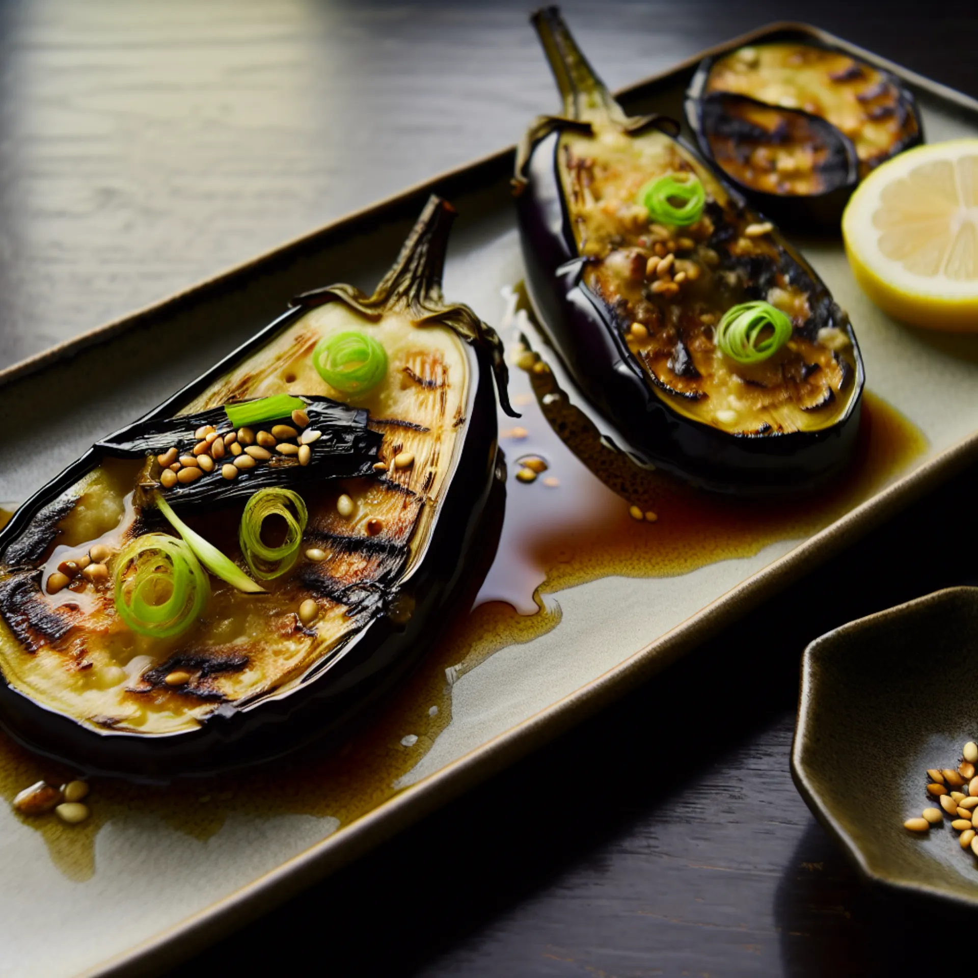 Filete de berenjena ahumado con miso y ajo (Nasu no Ninniku Butter Yaki)