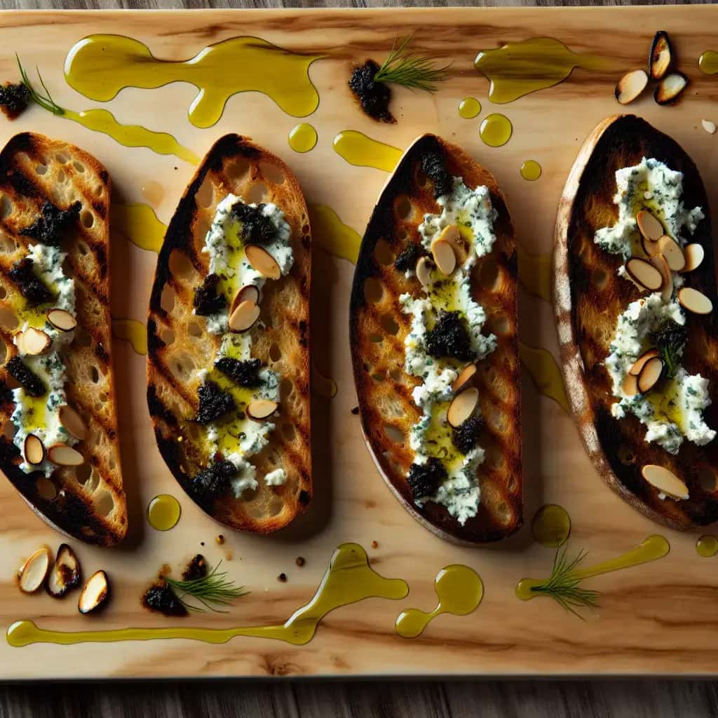 Toskanische Bruschetta mit schwarzem Knoblauch, kandiertem Fenchel und Ricotta