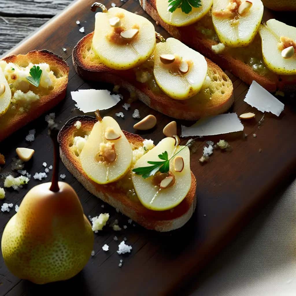Poires pochées à l'ail à la toscane avec pecorino et amandes grillées