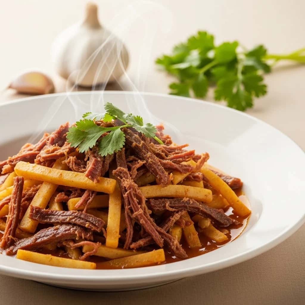Aus den Hochanden: Ein herzhafter Knoblauch, eine Knolle und ein herzhafter Knoblauch. Trockener Eintopf (Olluquito con Charqui)