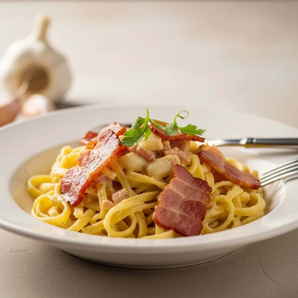 Um sabor de conforto eslovaco: alho cremoso e amp; Macarrão com Bacon (Smotanové Rezance s Cesnakom a Slaninou)
