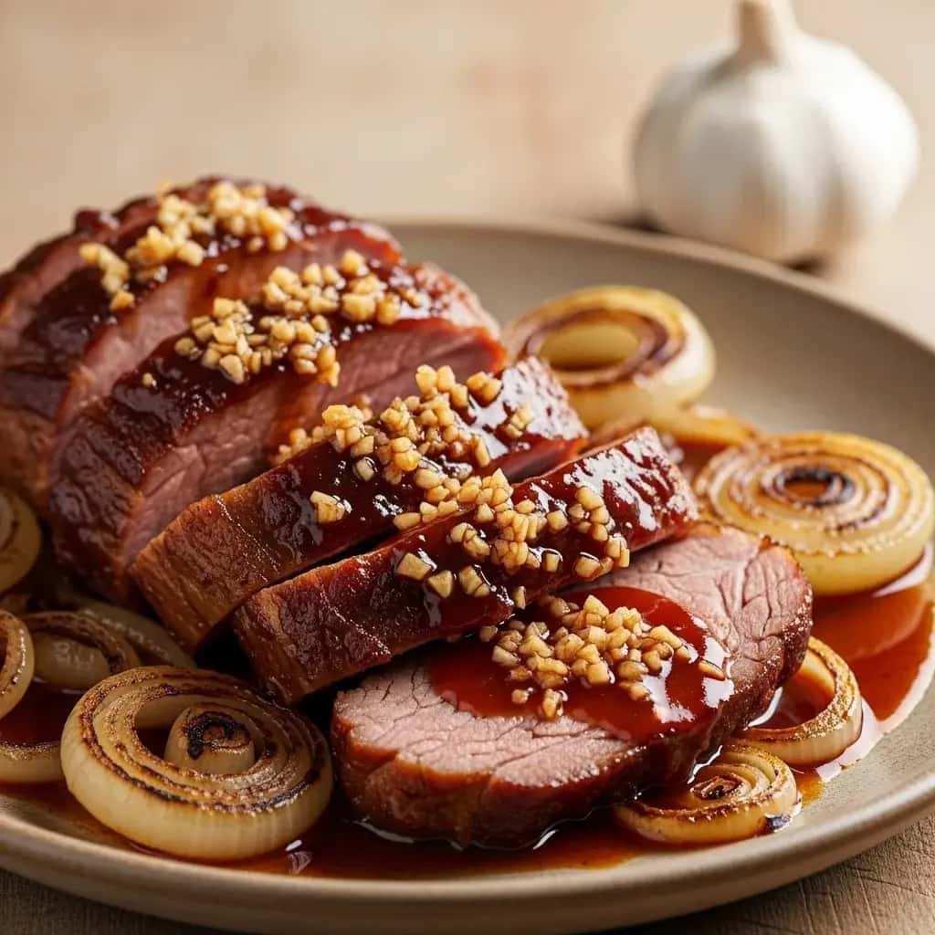 Ein herzhafter slowakischer Klassiker: Knoblauch-Schweinehals (Krkovička na Cesnaku) in einer Pfanne