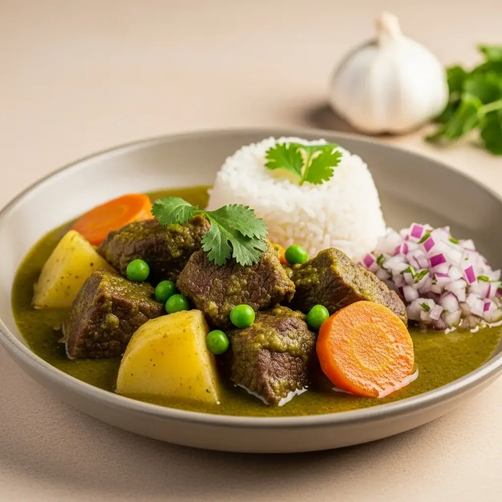 Desde el corazón del Perú: cilantro y aroma aromáticos Estofado de ternera al ajillo (Seco de Res)