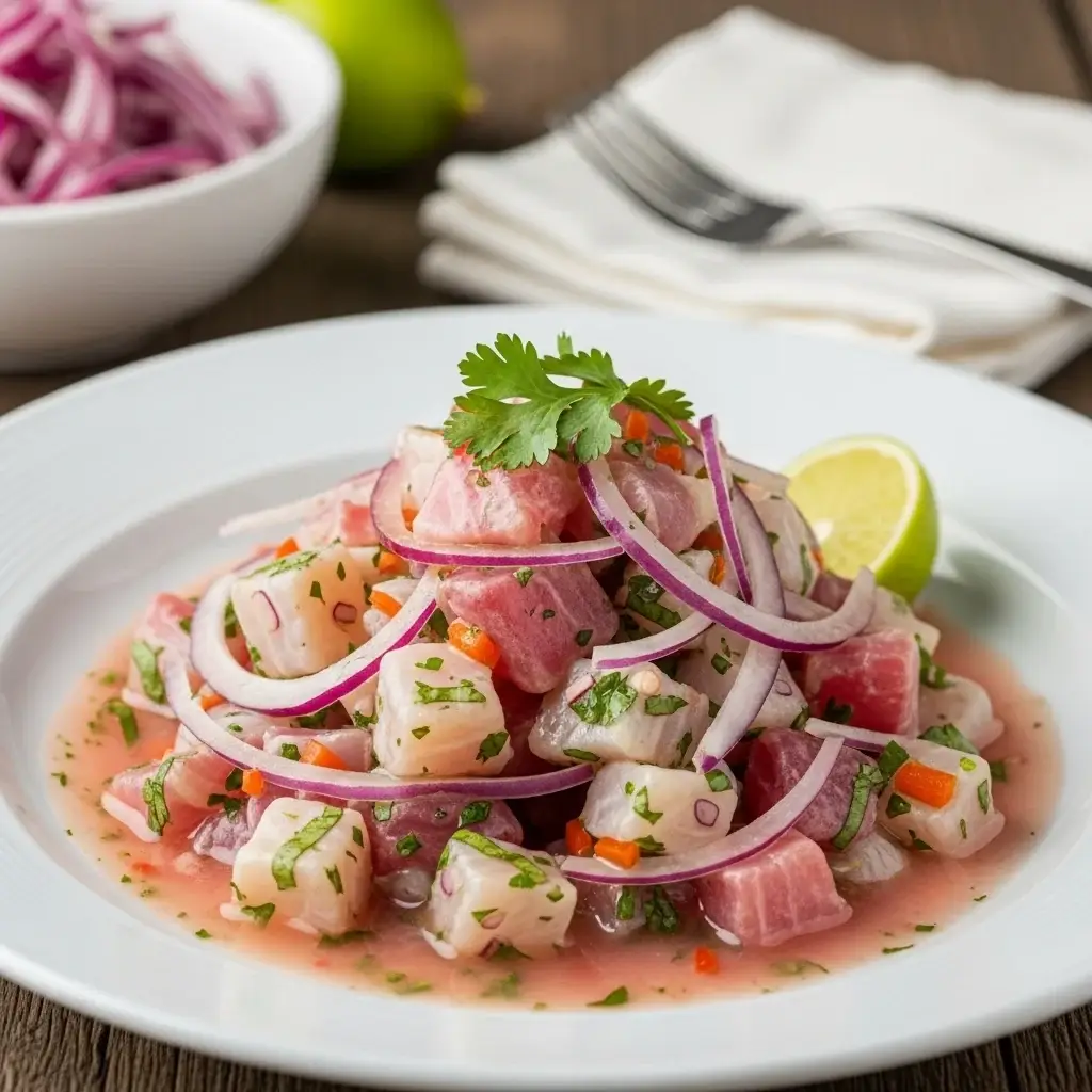 Da borda do Pacífico: um ceviche peruano picante com "leite de tigre" de alho