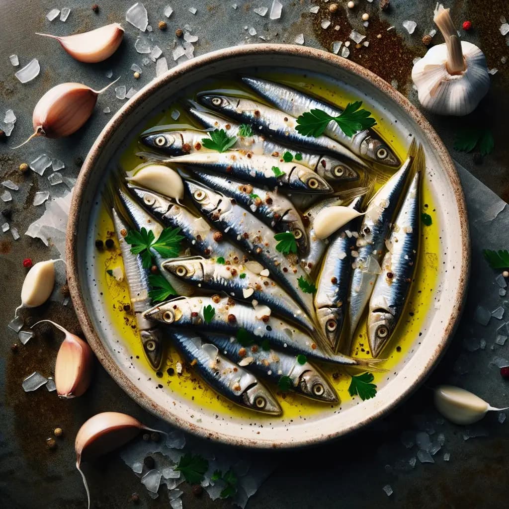 Anchois marinés à l'infusion d'ail piquant