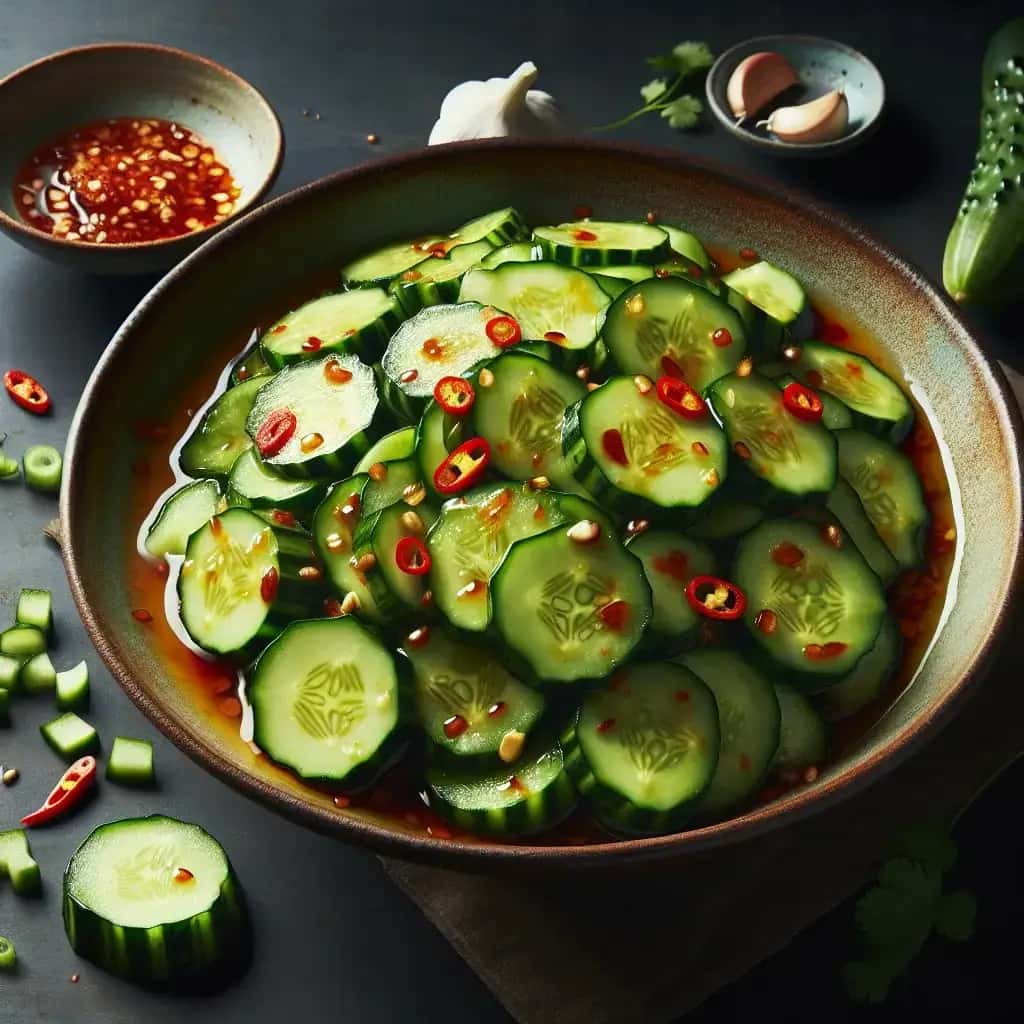 Salade rafraîchissante de concombre écrasé avec vinaigrette piquante à l'ail