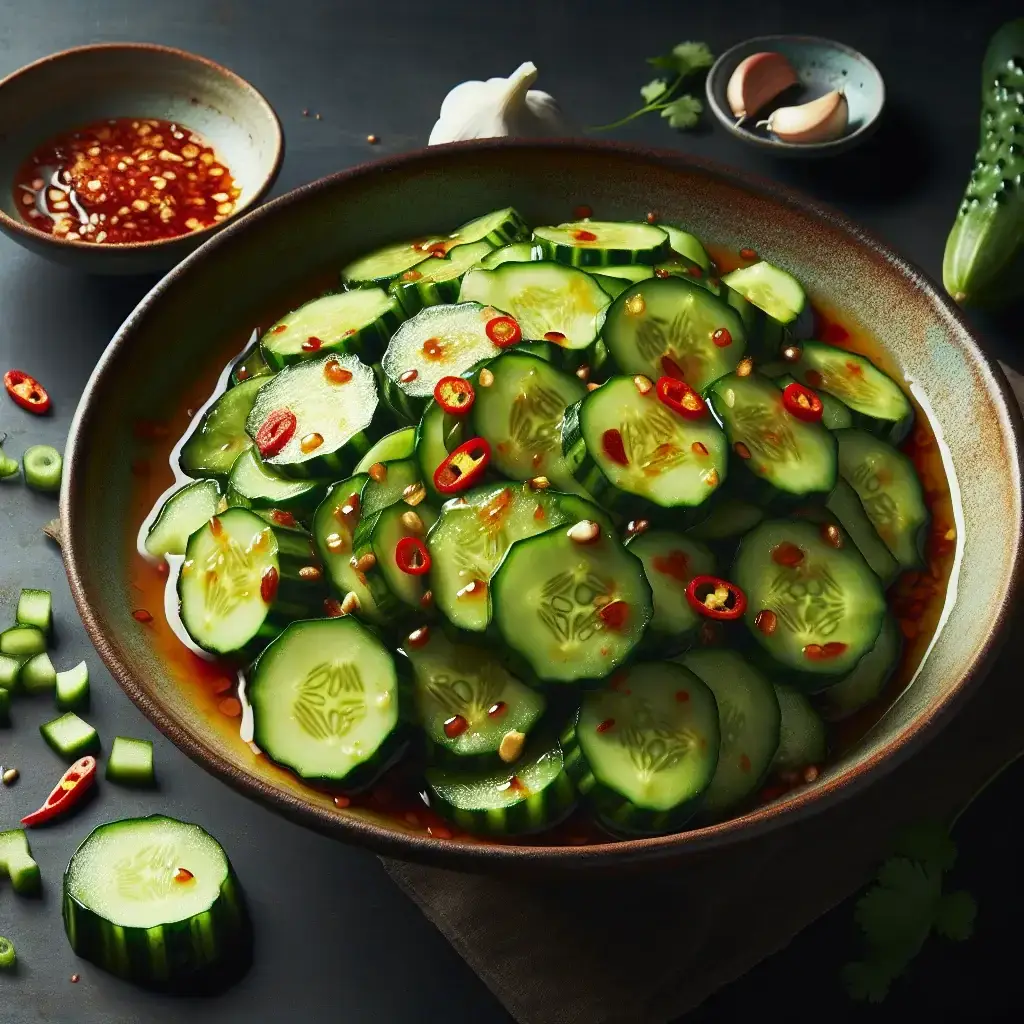Salade rafraîchissante de concombre écrasé avec vinaigrette piquante à l'ail