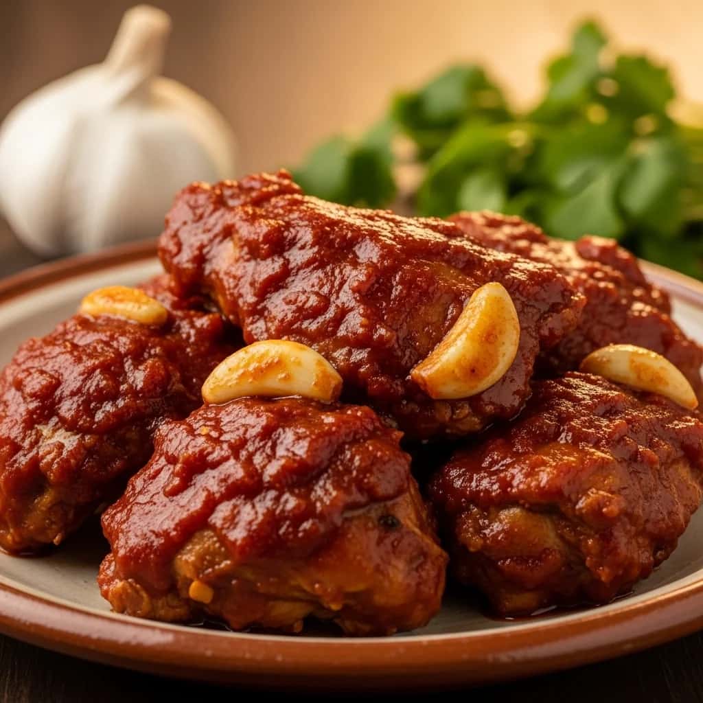 Uma delícia de caçador: os ricos e ricos do México Adobo de coelho com alho