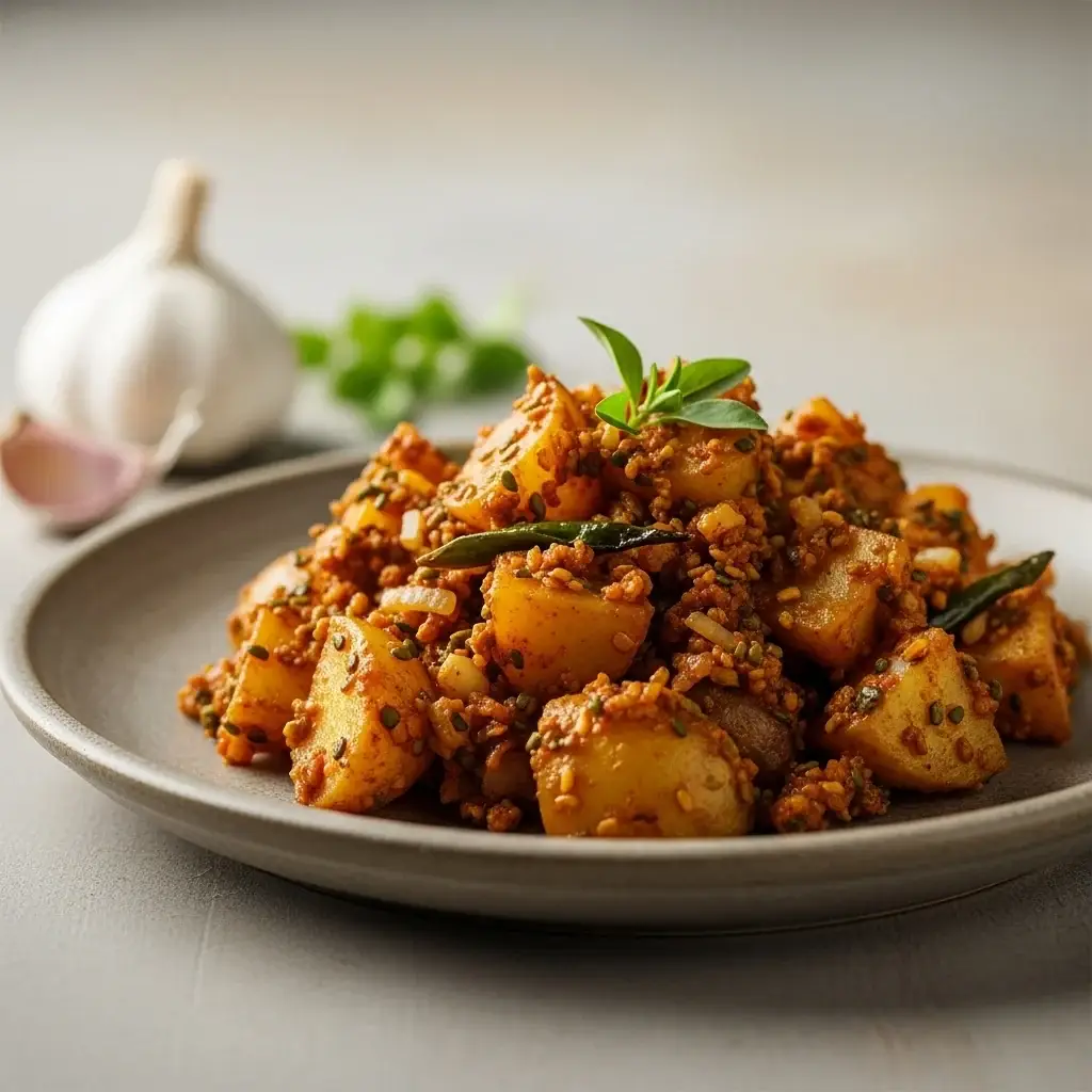 De uma cozinha do norte da Índia: batata com alho e batatas fritas Frito de feno-grego (Lahsuni Aloo Methi)