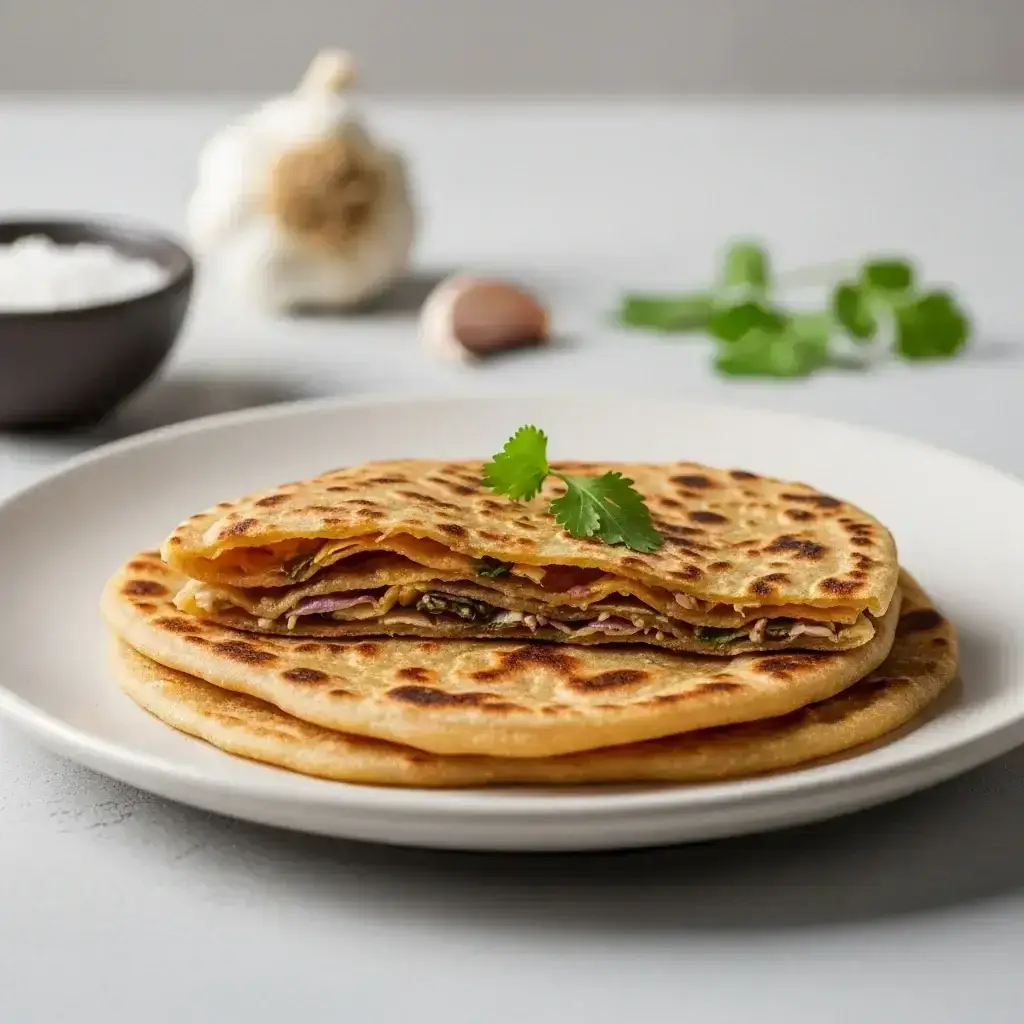 Do coração da grelha: pão achatado de alho em camadas da Índia (Lahsuni Paratha)