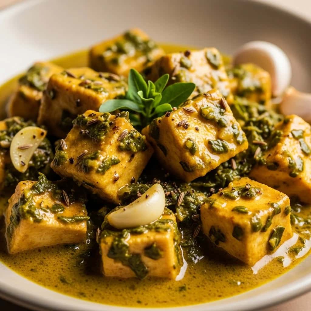 Um sonho cremoso do norte da Índia: Paneer de feno-grego com alho (Lahsuni Methi Paneer)