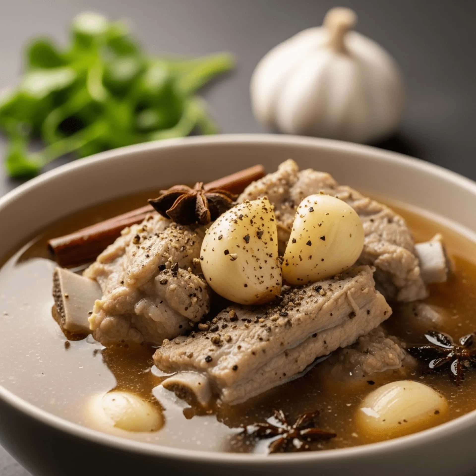 Sopa de costela de porco com alho apimentado de Singapura (Bak Kut Teh)