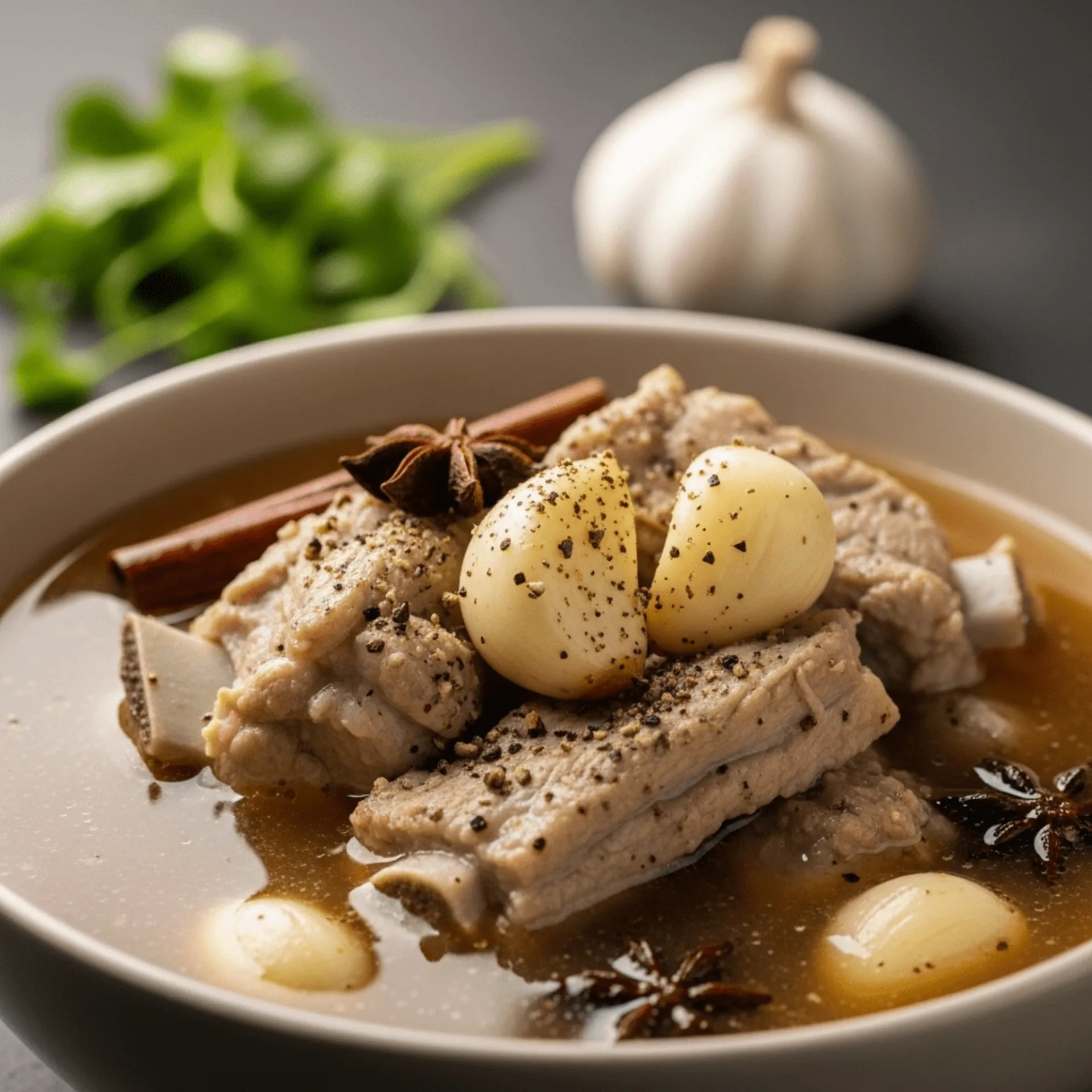 Sopa de costillas de cerdo con ajo y pimienta de Singapur (Bak Kut Teh)