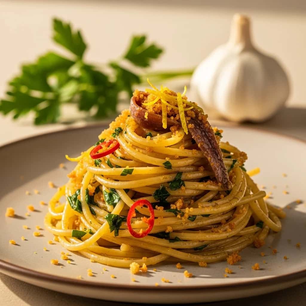 Ouro Líquido de Amalfi: Espaguete com Alho e Chuvisco de Anchova