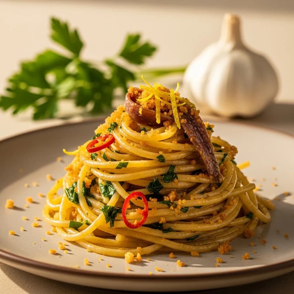 Ouro Líquido de Amalfi: Espaguete com Alho e Chuvisco de Anchova