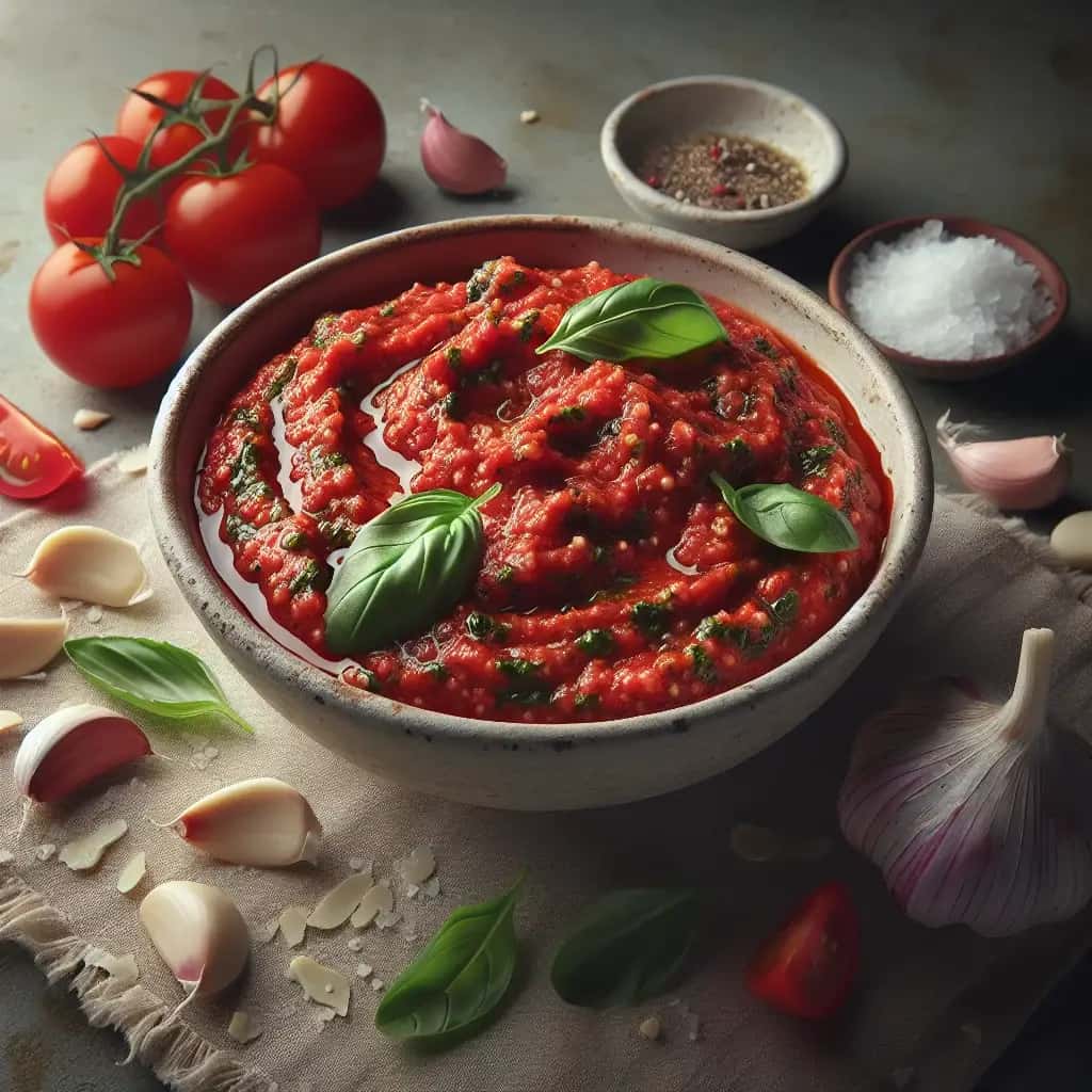 Beijo do verão siciliano: alho picante e pesto de tomate