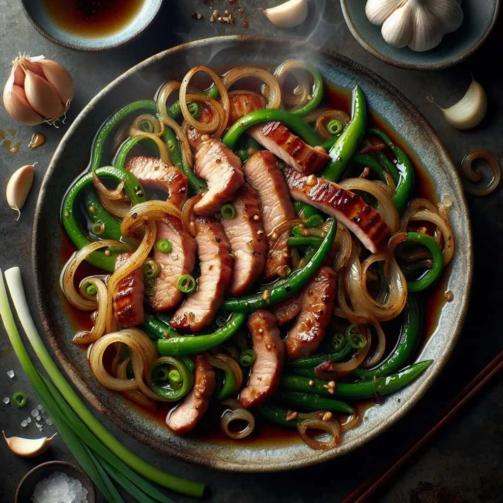 Knusprig gebratenes Knoblauch-Scape-Schweinefleisch: Ein pikanter japanischer Genuss