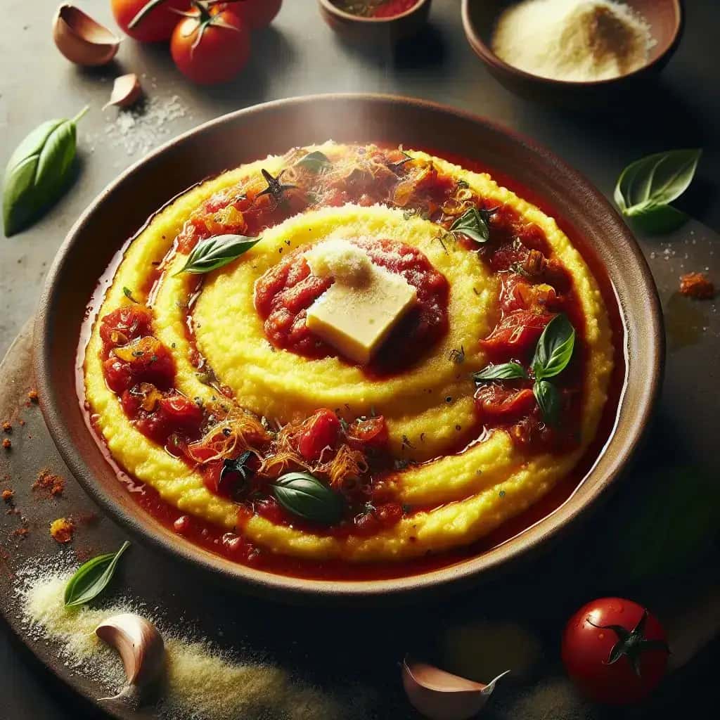 Cremige Polenta mit feurigem Knoblauch-Pomodoro