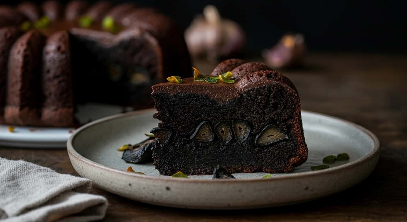 Ein Gewagt Romantisches Dessert Dunkler Schokoladen-Schwarzer-Knoblauch-Kuchen