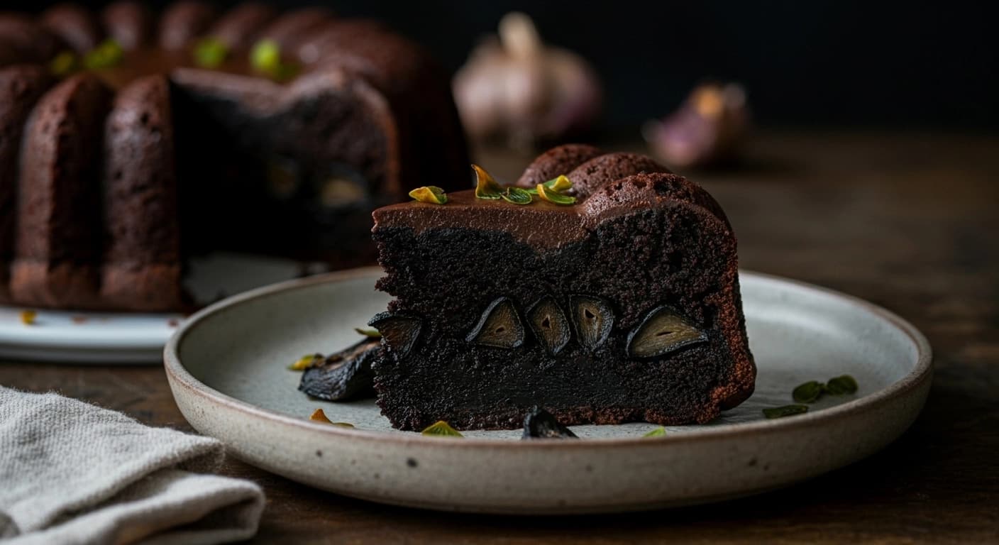 Un Postre Atrevidamente Romántico Pastel de Chocolate Negro y Ajo Negro