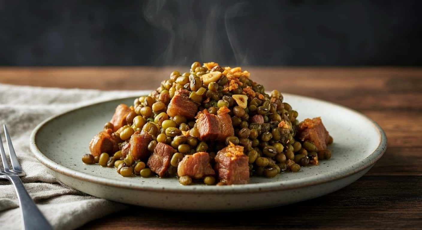 Ein philippinischer Freitagsfavorit: Herzhafte sautierte Mungobohnen mit Knoblauch und Schweinefleisch Ginisang Munggo