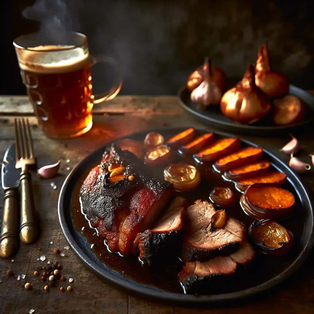 Um favorito dos pubs: pescoço de porco eslovaco assado em cerveja e alho