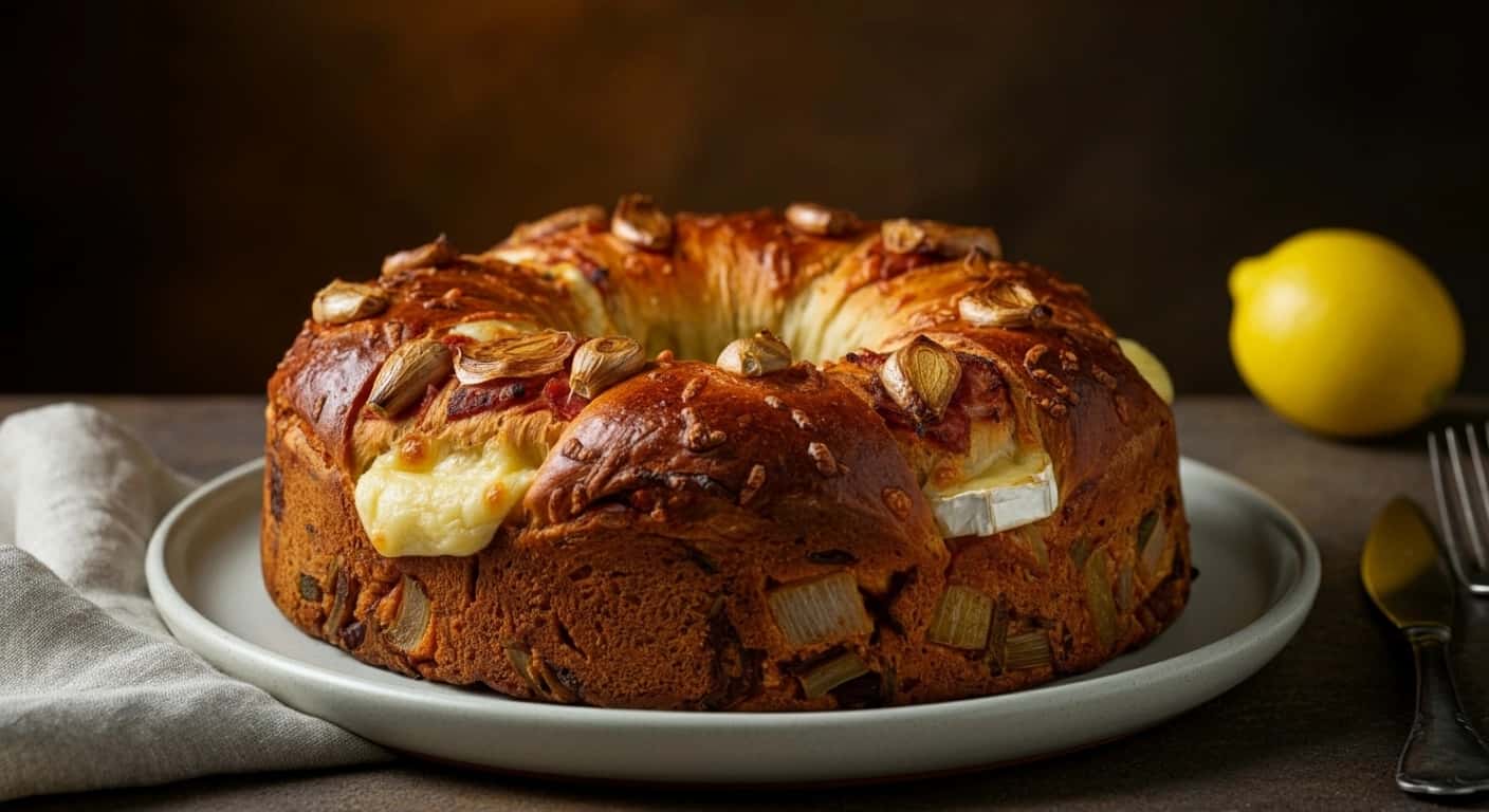Uma peça central de Páscoa napolitana: Casatiello salgado e cravejado de alho