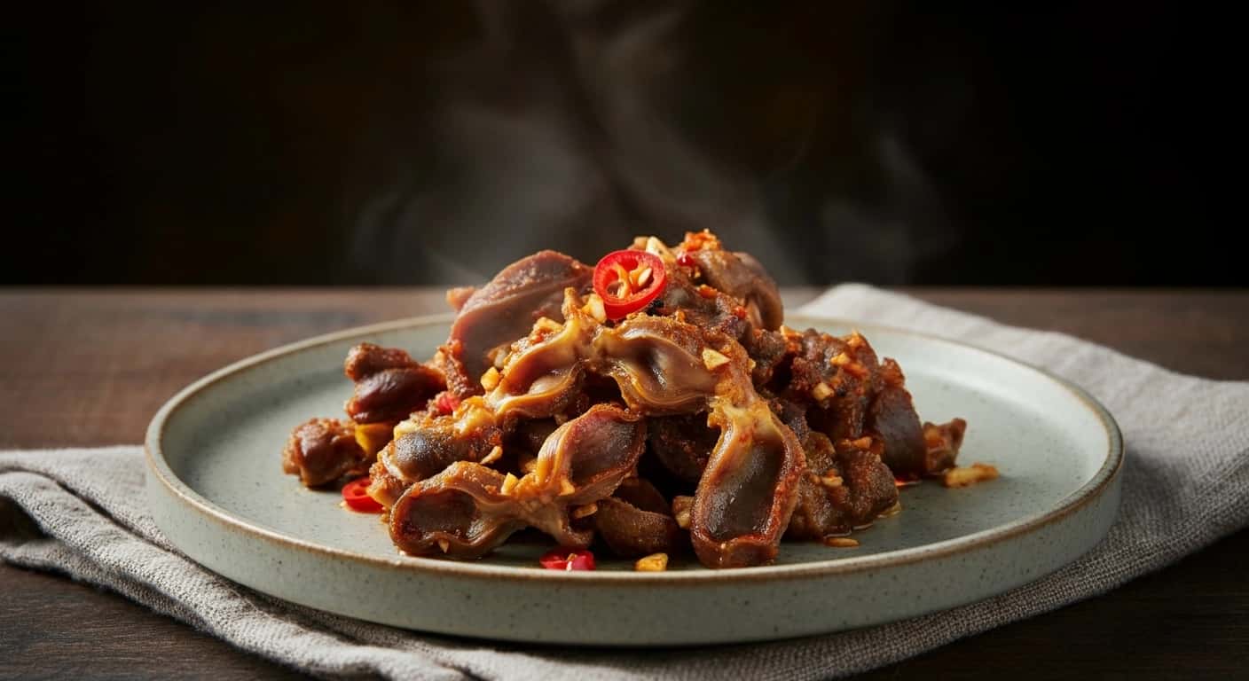 Ein Geschmack von Korea: Würzige Knoblauch-Hühnermägen (Dak Ttongjip Bokkeum)